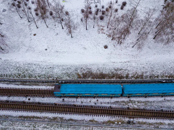 Flygflygning Över Tunnelbanetåg Som Passerar Skog — Stockfoto