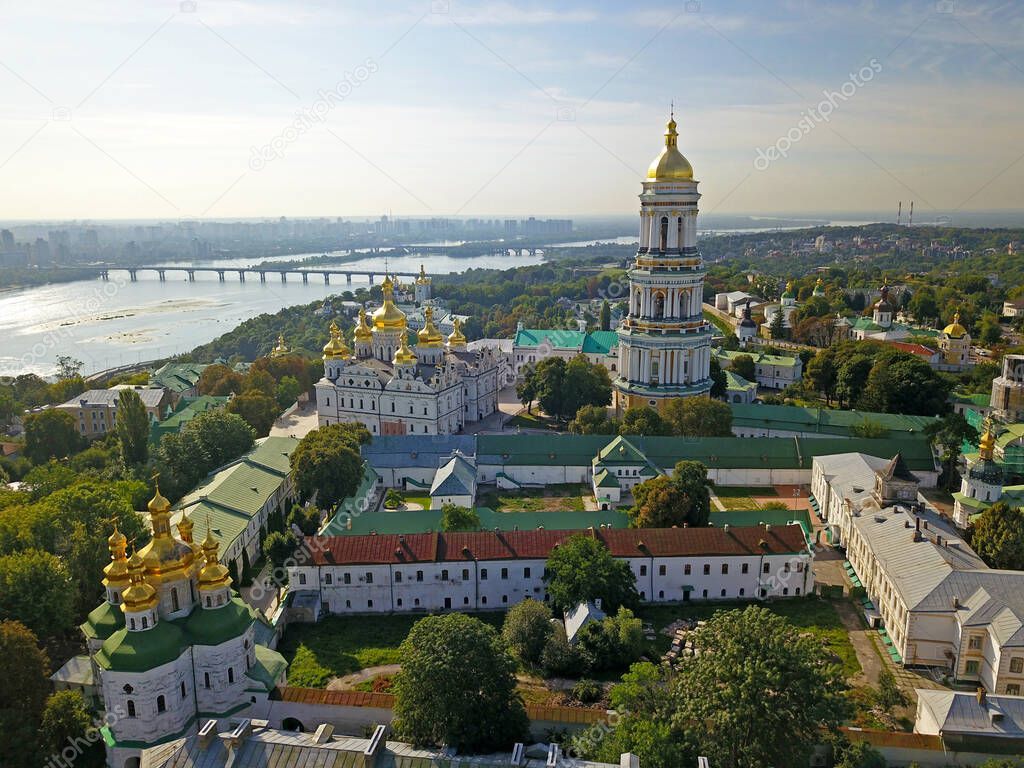 Aerial view. Monastery of Kyiv Pechersk Lavra on clear sunny morning