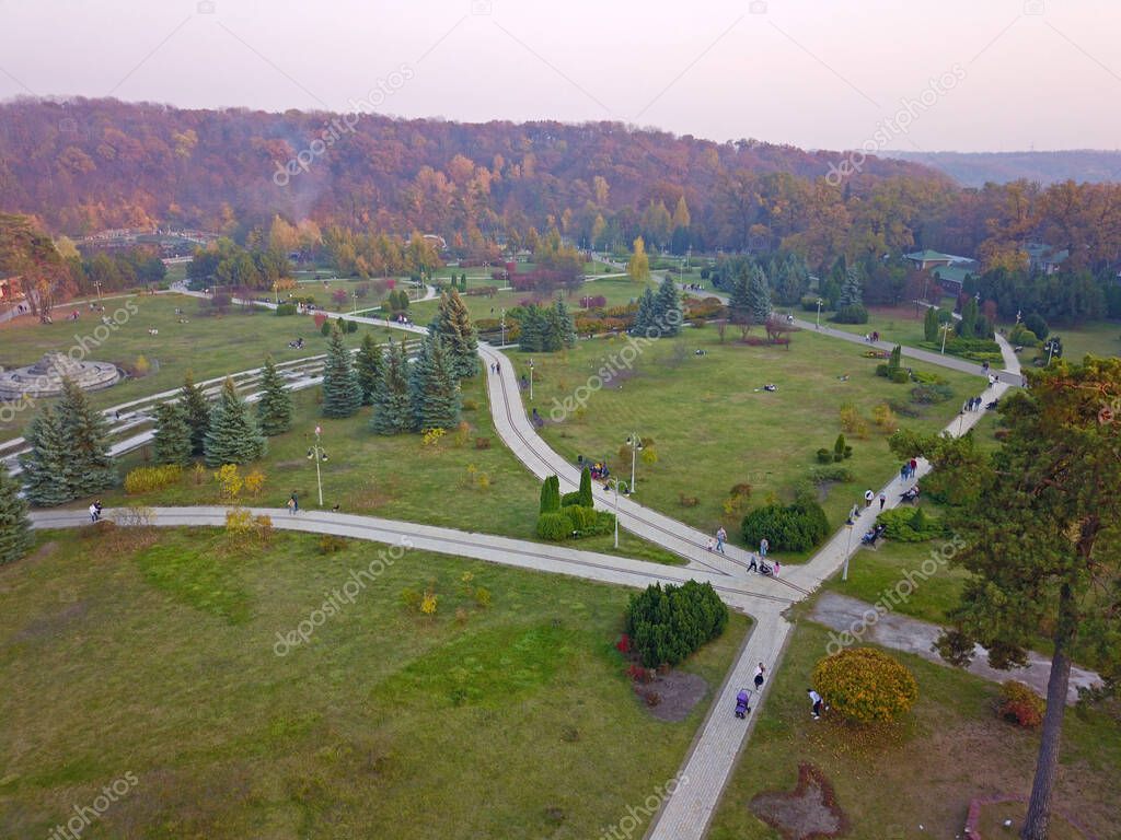 Aerial drone top view. Park in autumn