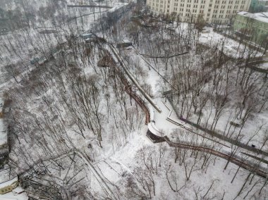 Hava aracı görüntüsü. Kyiv şehrindeki karla kaplı park