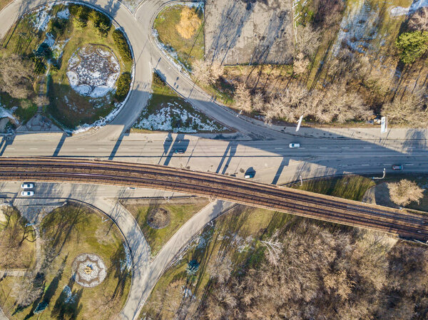 Aerial view. The Kiev metro bridge crosses the highway in clear weather