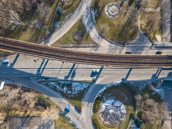 Aerial view. The Kiev metro bridge crosses the highway in clear weather