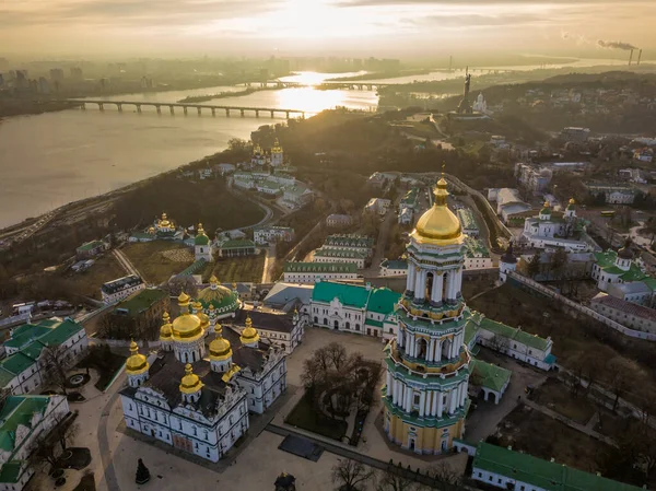 Vista Aérea Del Dron Kiev Pechersk Lavra Durante Puesta Del — Foto de Stock