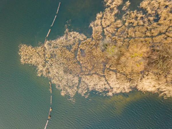 Vista Aérea Drones Costa Gramada Pequena Ilha Rio Kiev Final — Fotografia de Stock