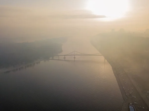 Flygdrönare Panoramautsikt Över Floden Dnepr Dimmig Morgon — Stockfoto