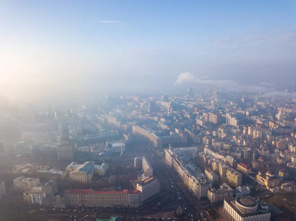 Stock image Aerial drone view. View of the city of Kiev in a foggy morning