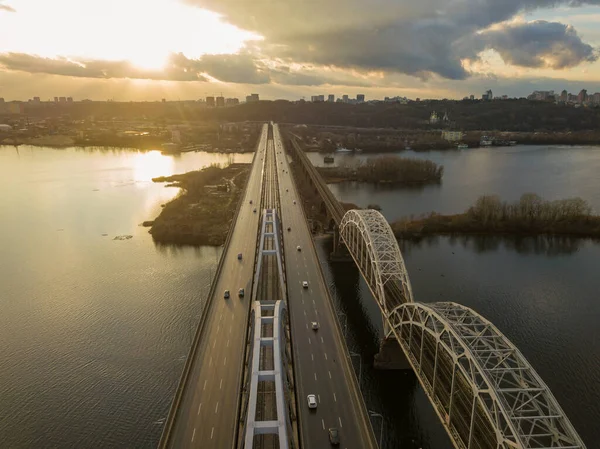 Pont Moderne Sur Rivière Pendant Coucher Soleil Vue Aérienne Drone — Photo