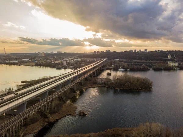 Vue Aérienne Sur Drone Pont Sur Rivière Dniepr Kiev — Photo