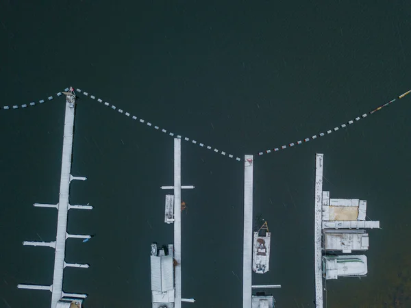 Aerial Drone View Snow Covered Pier River Snowfall — Stock Photo, Image