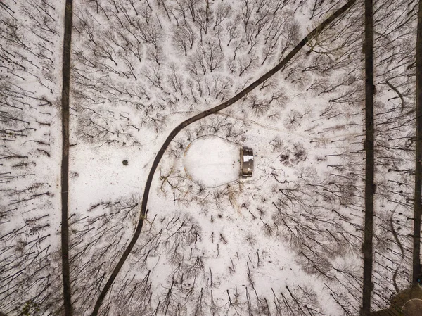 Drohnen Aus Der Luft Fußweg Einem Verschneiten Park — Stockfoto