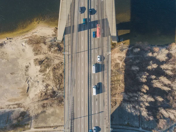 Flygdrönare Norra Bron Över Floden Dnepr Kiev Tidigt Våren Solig — Stockfoto