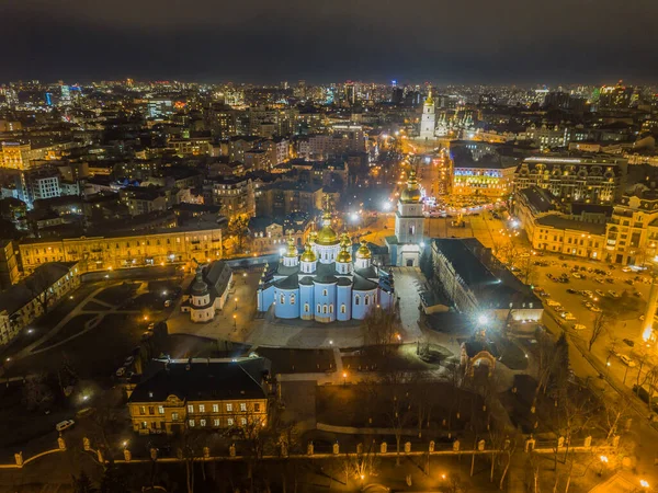 Vedere Aeriană Drone Noapte Catedrala Mihail Din Kiev Iluminare Seară — Fotografie, imagine de stoc