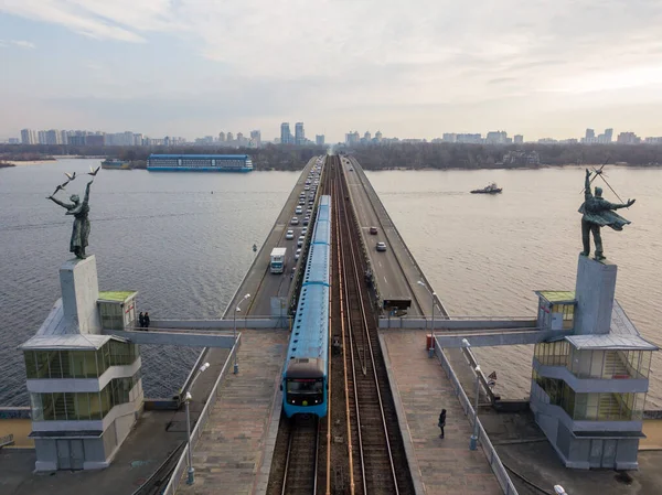 Aerial Drone View Kyiv Metro Bridge Trains — Stock Photo, Image