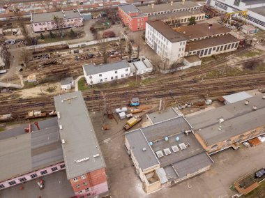 Kyiv 'deki tramvay elektrik deposu bölgesi. Hava aracı görünümü