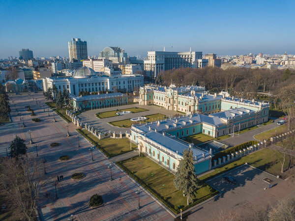 Aerial drone view. The Mariinsky Palace in Kyiv is the ceremonial residence of the President of Ukraine
