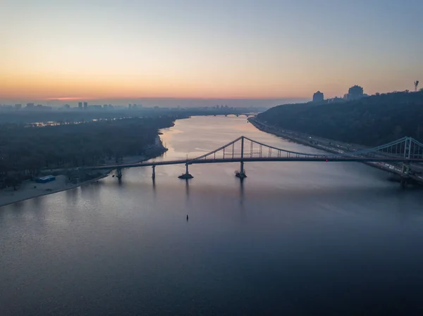 Solnedgång Över Kiev Och Floden Dnepr Flygdrönare — Stockfoto
