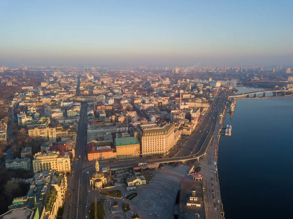 Flygdrönare Utsikt Över Floden Dnepr Och Podil Distriktet Kiev Början — Stockfoto