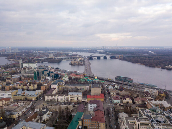 Aerial drone view. View of Dnieper river in Kyiv city