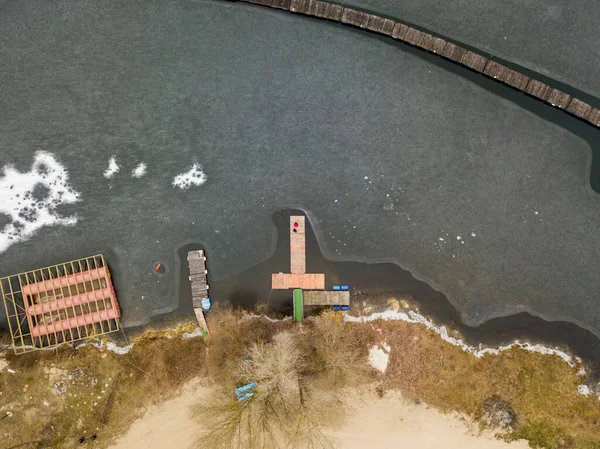 Vista Aérea Drones Cais Pesca Baía Coberto Com Crosta Fina — Fotografia de Stock