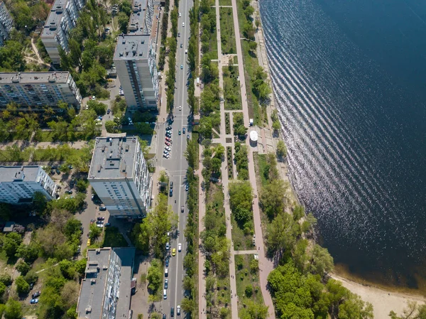 Housing Estate Kiev Banks Dnieper River Sunny Spring Day Aerial — Stock Photo, Image