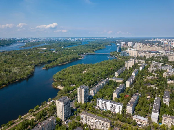 Wohnsiedlung Kiew Ufer Des Dnjepr Sonniger Frühlingstag Drohnenblick Aus Der — Stockfoto