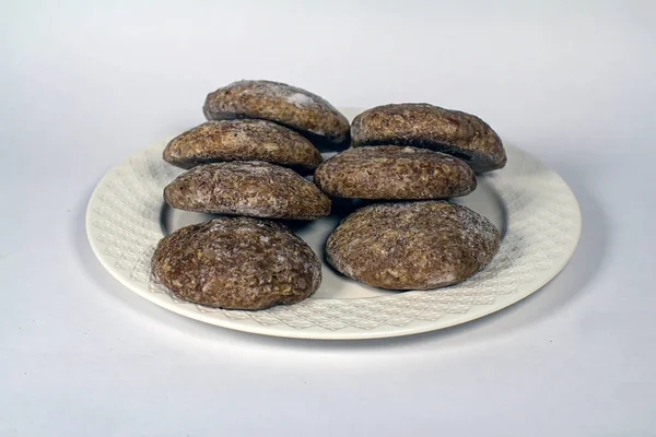 Galettes Viande Congelée Sur Une Assiette Blanche — Photo