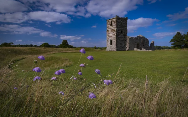 Late summer sunshine on the medieval Knowlton Church, Wimborne, — Stock Photo, Image