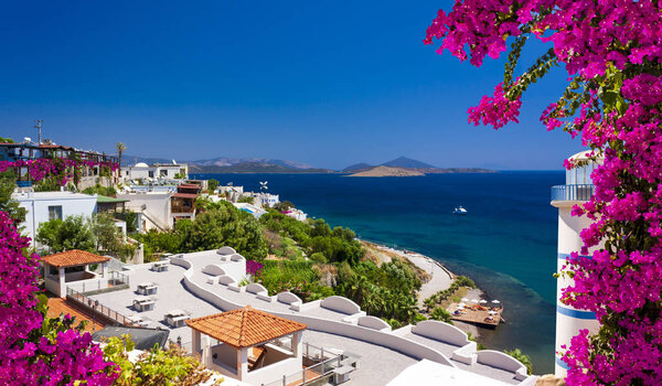 Beautiful pink and purple flowers frame a sea view in Ortakent, 