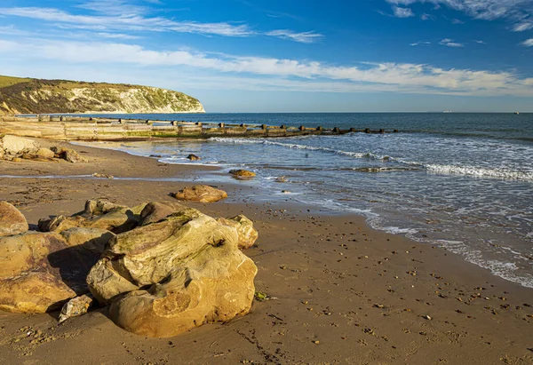 Błękitne Niebo Złota Piaszczysta Plaża Swanage Dorset — Zdjęcie stockowe