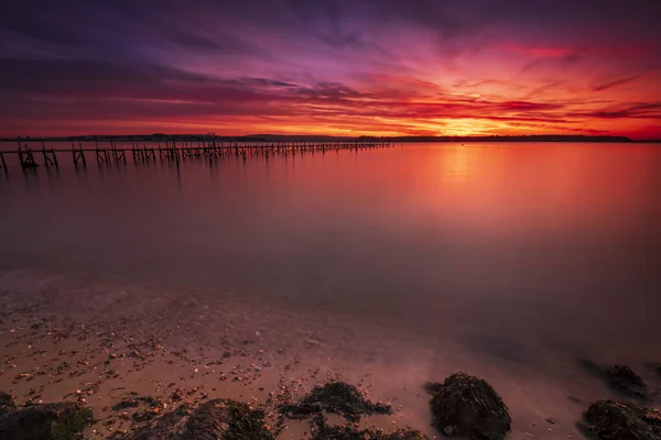 Deep Colours Orange Red Skies Poole Harbour Jetty Sandbanks — Stock Photo, Image