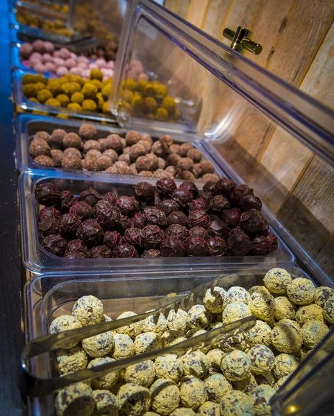 Various chocolates in a chocolatier in Bruges, Belgium