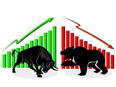 Borsa eğilimlerinin boğa ve ayı sembolleri. Büyüyen ve düşen piyasa. Hayvan vektörü