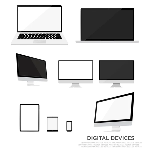 Set Computermonitoren Laptops Tablets Mobiele Telefoons Elektronische Gadgets Transparante Achtergrond — Stockvector