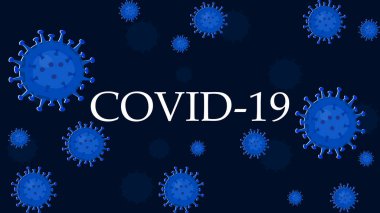 Mavi COVID-19 veya koyu mavi arka planda etiketlenmiş Coronavirus. Virüs salgınını önleme kavramı