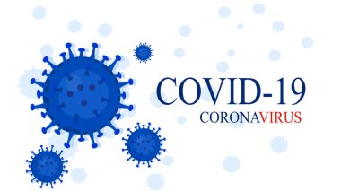 COVID-19Coronavirus beyaz bir zemin üzerinde bakteri içeren metin, mavi virüs yayma kavramı
