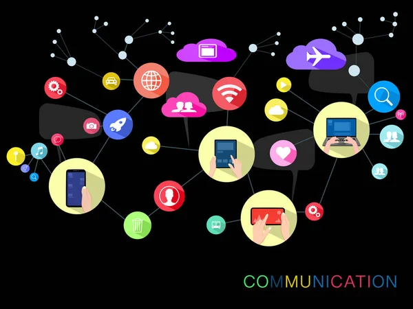 Internet Concept Κοινωνική Δικτυακή Επικοινωνία Online Δίκτυα Μαύρο Φόντο — Διανυσματικό Αρχείο