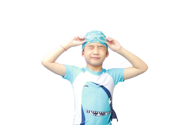 Asian Boy Blue Swimsuit Isolated White Background Kids Summer Activity — Stock Photo, Image