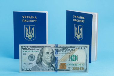 Arka planda 100 dolarlık banknot var. Mavi arka planda 2 Ukrayna pasaportu var.