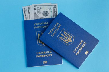 Ukrayna pasaportunda 100 dolarlık banknot. Bir pasaport mavi arka planda, yakın plan seyahat işinin yanında yatıyor.