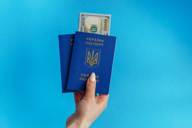 Ukrayna 'nın 2 pasaportu, pasaport bankasında mavi arka planda manikürlü bir kızın elinde. 100 dolar.