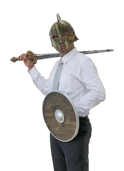 Geschäftsmann mit Helm und Stahlschwert. isoliert bac — Stockfoto