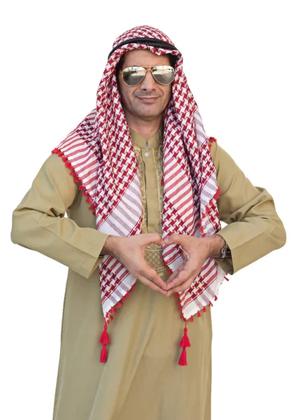 Arab Businessman Holds Red Heart Isolated Background Clipping Path — Stock Photo, Image