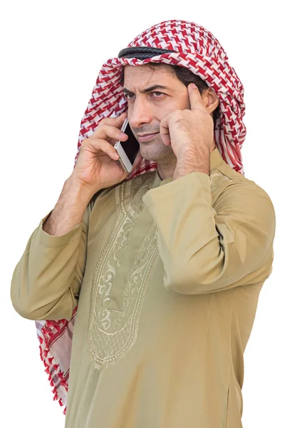 Zasílání zpráv na mobilní telefon, samostatný pozadí arabské podnikatel — Stock fotografie