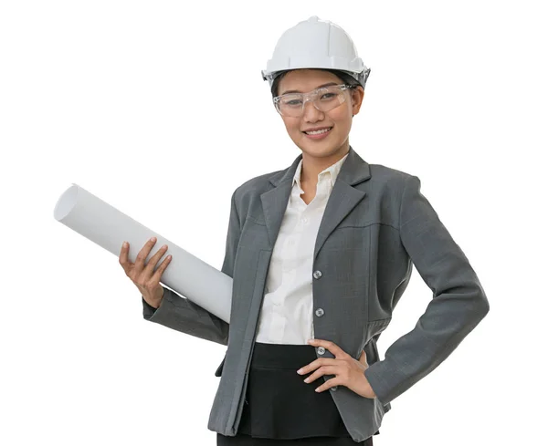 Business kvinna som bär vita helmet.isolated bakgrund med cli — Stockfoto