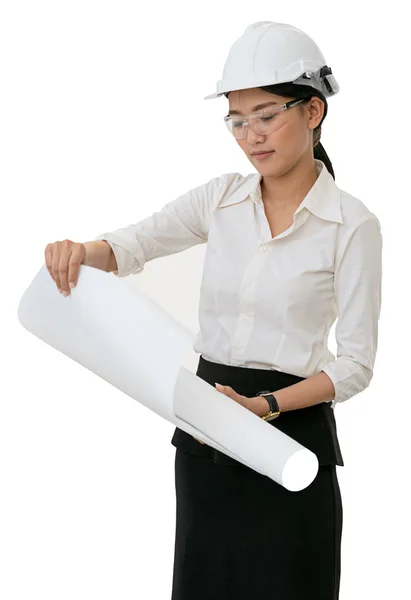 Obchodní žena nosí bílé helmet.isolated pozadí s cli — Stock fotografie