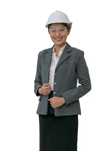 Business kvinna som bär vita helmet.isolated bakgrund med cli — Stockfoto