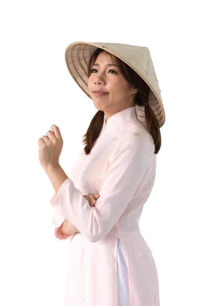 Elbise Culture, pembe Vietnam geleneksel içinde güzel kadın — Stok fotoğraf
