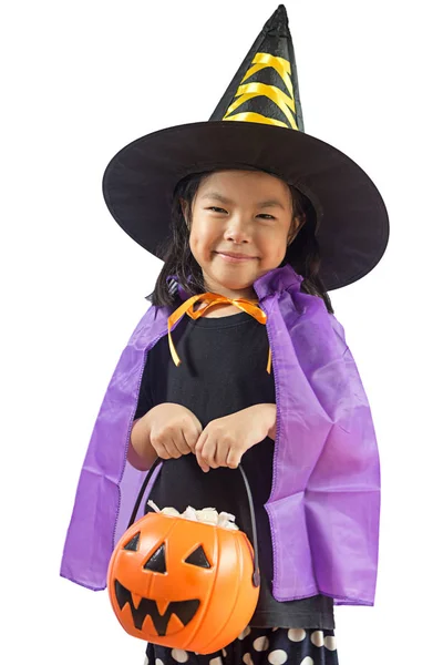 Beautiful girl witch with pumpkin isolated background with clipp — Stock Photo, Image