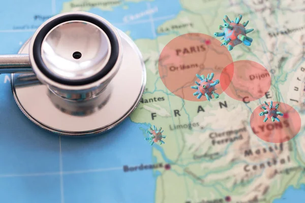 Stethoscope on France map background. outbreak of the virus covid-19 in France red zone red zone
