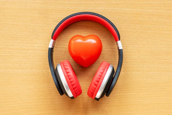 Headphones Red Heart Wooden Desk Musical Concept — Stock Photo, Image